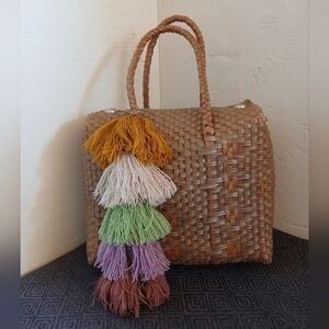 Woven Tan Handbag with Multicolor Tassels ( Bag D )